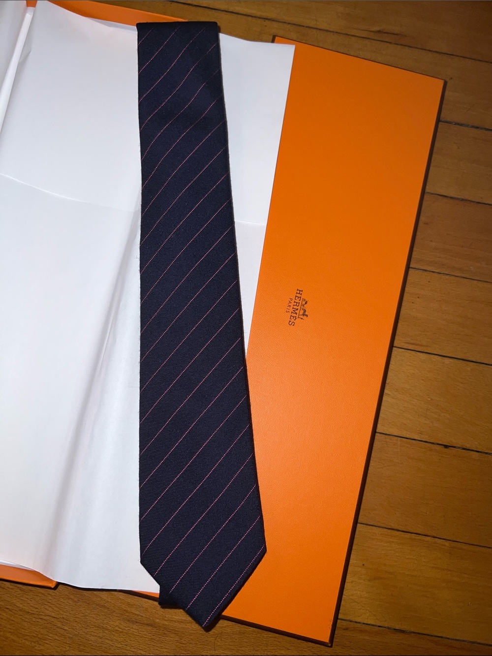 HERMES - Navy Tie with Pink Diagonal Stripe NEVER WORN
